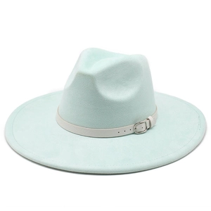 Detailed view of mint green fedora hat with white leather band and metallic buckle