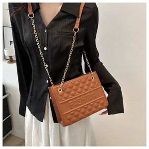 Brown embossed leather crossbody bag with gold chain strap and FASHION lettering detail