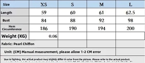 Detailed size guide for women fashion top in pearl chiffon with XS to L measurements