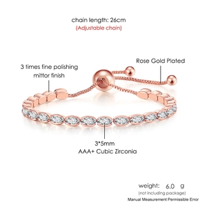 Macro shot of rose gold tennis bracelet with adjustable chain length and AAA zircon details