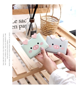 Cute cartoon pig tri-fold wallet for women in mint green and light grey PU leather