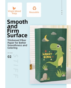 Detail of green dinosaur gift bag showing durable pulp paper texture and happy dino print