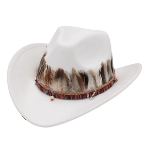 Detail view of white felt cowboy hat with ethnic feathers, beads, and woven band decoration