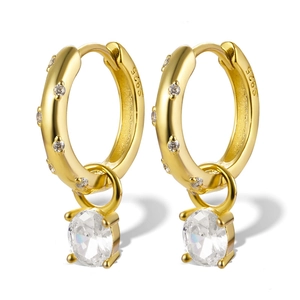 S925 sterling silver gold-plated hoop earrings with sparkling zircon drop pendants