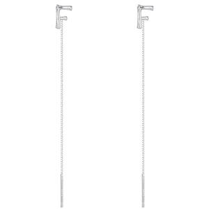 Elegant long silver letter F threader earrings with delicate chain for women