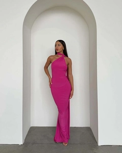 Detail of rose red backless halter dress featuring side ruching and silky drapes