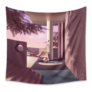 Detail of bohemian surrealist landscape tapestry with sunset beach and palm shadows