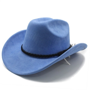 Detail of blue faux suede western cowboy hat with black braided band and fine stitching