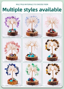 Multiple crystal life tree styles with copper wire branches on natural wood bases