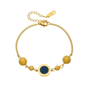 Gold stainless steel bracelet with Roman numeral disc, black onyx inlay and matte beads