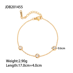 Detail of gold stainless steel bracelet with three round cubic zirconia and dimensions