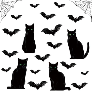 Halloween wall stickers set featuring black cats, bats, and cobwebs for home decoration