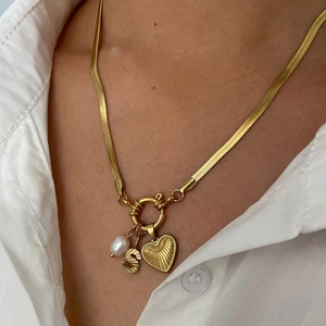 Initial Pendant Necklace 316L Stainless Steel 18K Gold Plated Flat Snake Chain Heart Freshwater Pearl Jewelry For Women