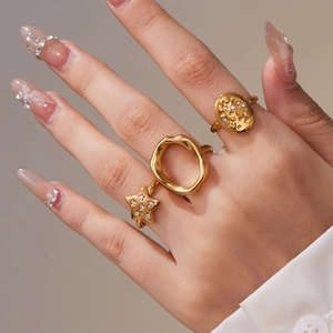 Three-piece gold plated star and oval ring set with micro-pave zirconia for women