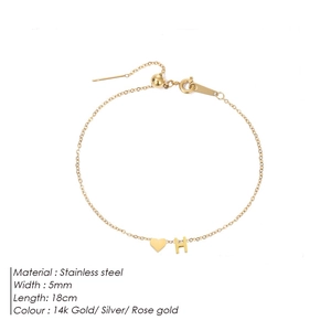 Minimalist stainless steel heart and letter H charm bracelet in 14k gold finish