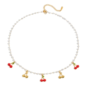 White pearl necklace with red and gold cherry pendants and stainless steel clasp