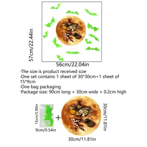 Detailed size guide for Halloween wall stickers featuring a moon, witch, and bats