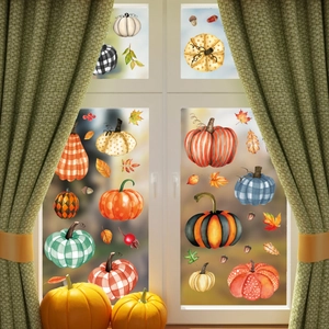 Autumn pumpkin window clings with leaves for Thanksgiving home glass decoration