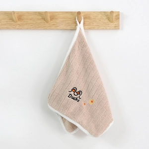 Soft coral velvet hanging hand towel for kids featuring cute duck embroidery and hook