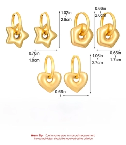 Detailed view of three-pair gold stainless steel geometric hoop earrings with dimensions
