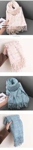Detail of soft imitation cashmere scarf with classic plaid patterns and tassel edges