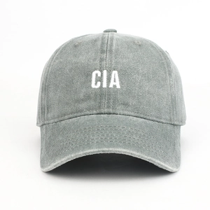 Classic washed grey cotton baseball cap with white CIA letter embroidery and curved brim