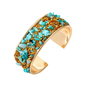 Gold-plated wide open bangle with turquoise gravel and spike studs in boho style