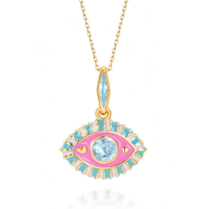 Detailed view of evil eye pendant with pink and blue enamel on gold plated chain