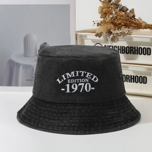 Retro washed denim bucket hat in black featuring white Limited Edition 1970 embroidery