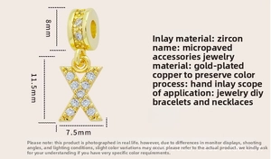 Detailed view of gold-plated letter X pendant charm featuring micro-paved white zircons
