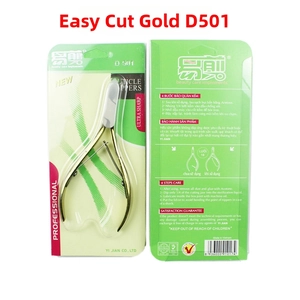 Front and back view of gold D-501 cuticle nipper in professional green card packaging