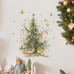 Self-adhesive Christmas tree wall sticker with stars and birds for home festive decor