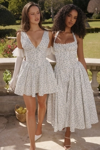Detail view of the blue floral print patterns and slim waist cut of the summer midi dress