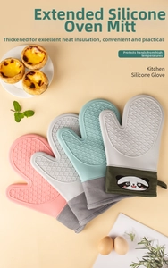 Detail of colorful heat-resistant silicone oven mitts with non-slip texture and long cuffs
