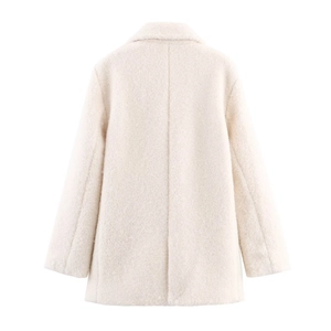 Back view of a white sherpa textured mid-length coat with long sleeves and warm fleece fabric