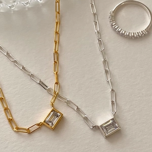 Elegant 925 sterling silver square zircon pendant necklaces and matching ring set