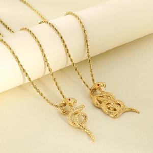 18k gold plated stainless steel snake pendant necklace with red eyes on twist chain