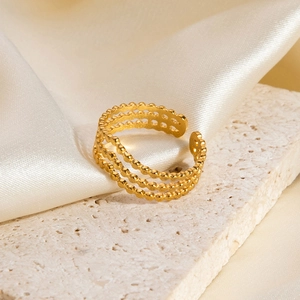 18K gold plated minimalist triple layer bead open ring in stainless steel for women