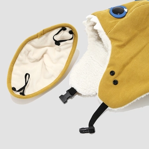 Winter yellow cartoon dinosaur trapper hat with fleece lining and integrated mask