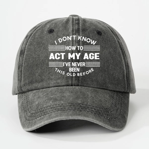 Charcoal grey washed denim baseball cap with funny white graphic text print for men and women