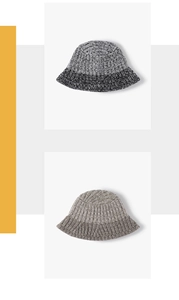 Detailed close-up of chunky knit bucket hat showing bicolor weave and thick wool texture