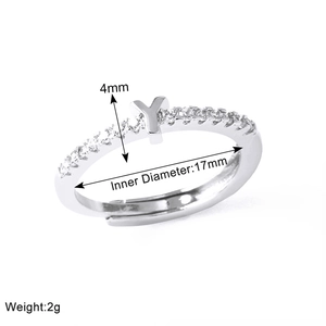 Detailed specs of adjustable silver letter Y ring with stones, 4mm height, 2g weight