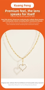 Macro detail of heart-shaped moissanite pendant with 18K gold plated paperclip chain