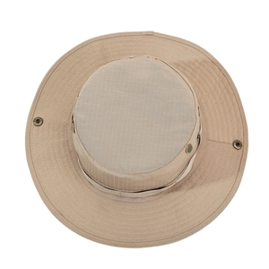 Mens khaki outdoor fishing sun hat with wide brim and breathable mesh vents on white background