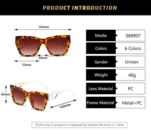 Detailed size chart and technical specifications for square frame fashion sunglasses