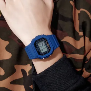 Blue square digital sports watch with 50M water resistance and silicone strap
