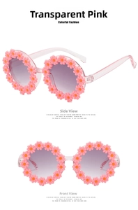 Front and side views of transparent pink daisy sunglasses with purple gradient lenses