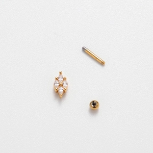 Disassembled gold screw stud earring with marquise cubic zirconia and ball back
