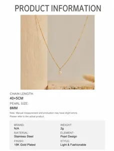 Detailed size specifications for 18K gold plated stainless steel 8mm pearl necklace