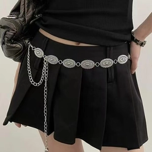 Women Vintage Boho Waist Belt Chain Alloy Faux Leather Butterfly Oval Carved Decorative Adjustable Accessories